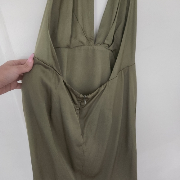 Zara Olive Light Green Satin Deep V Backless Tie-Up Lined Dress NEW - Picture 13 of 13